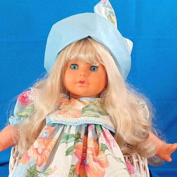 Vintage 1980s Zapf Balica Creation Baby Toddler Doll With Floral Dress/Blue Hat - Picture 2 of 16